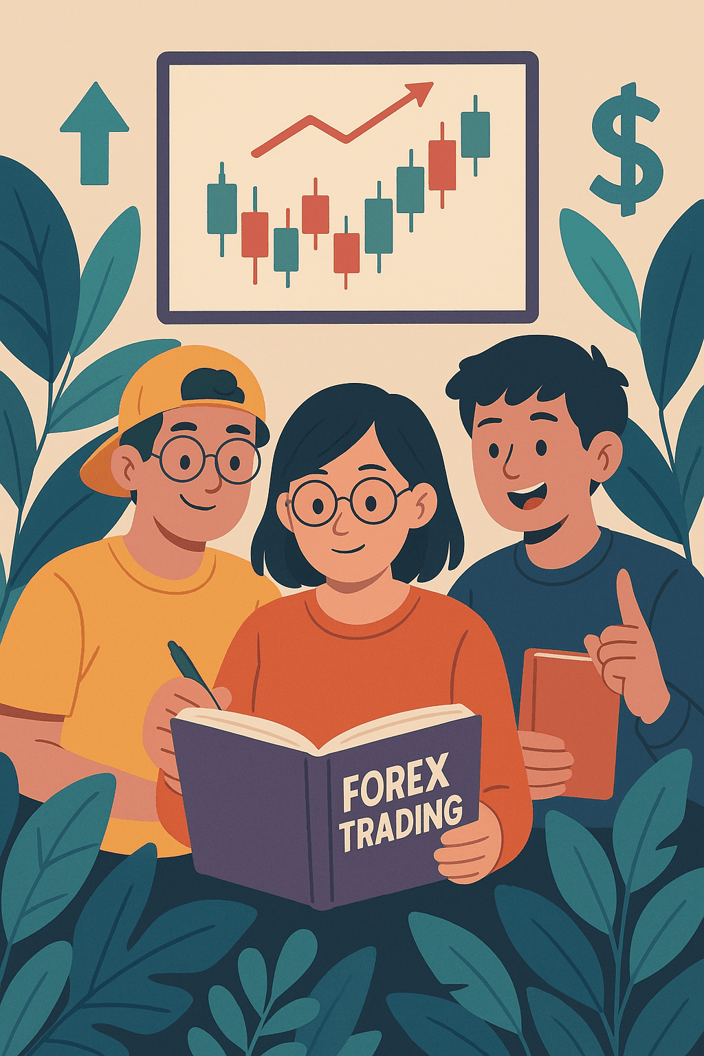 Academy Horizon — ilustrasi pelajar mempelajari forex trading bersama